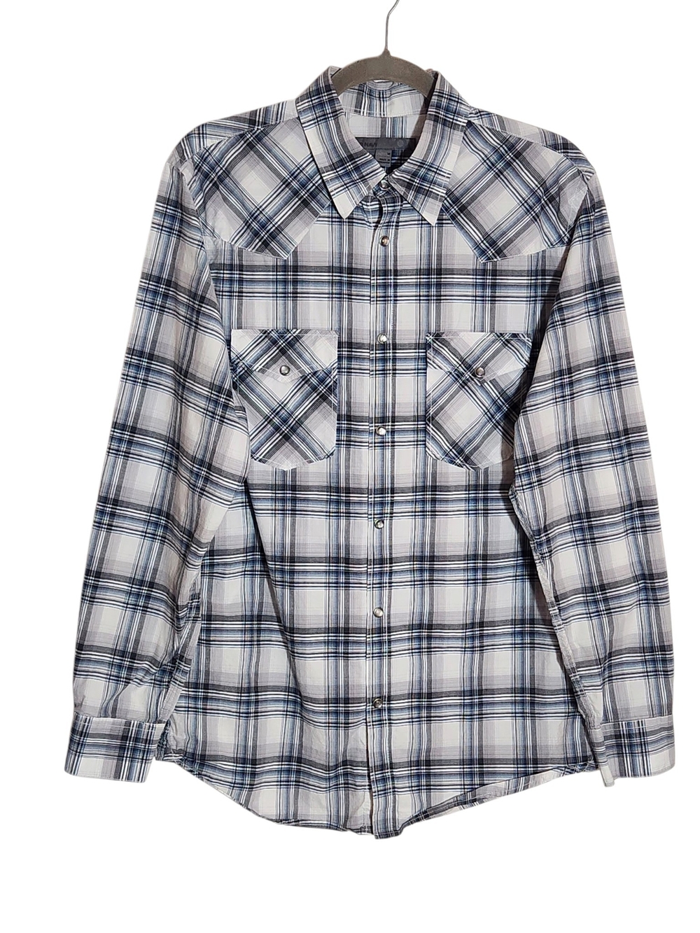 Old Navy Blue and Gray Plaid Western Snap Up Shirt Size Medium